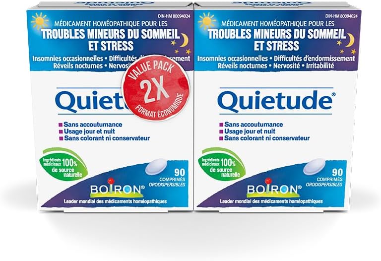 Boiron Quietude 非常适合睡眠和轻微睡眠障碍（烦躁不安、入睡困难、夜醒、偶尔失眠）以及神经紧张（过敏、烦躁）。顺势疗法药物。2盒，每盒90片。