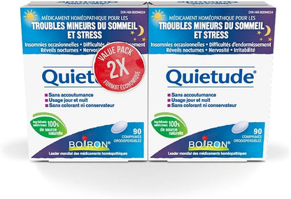 Boiron Quietude 非常适合睡眠和轻微睡眠障碍（烦躁不安、入睡困难、夜醒、偶尔失眠）以及神经紧张（过敏、烦躁）。顺势疗法药物。2盒，每盒90片。