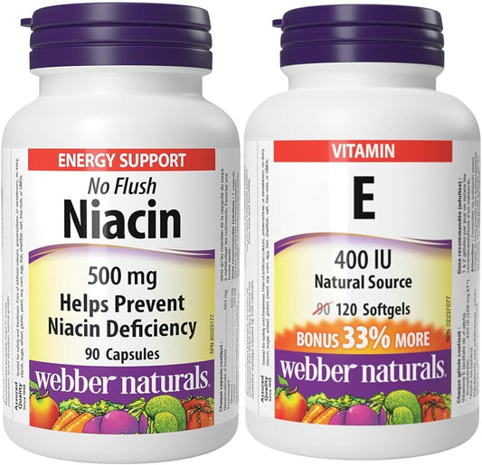Webber Naturals Niacin 500 mg, 90 Capsules, No Flush, Vitamin B3 Supplement, Supports Energy Production and Metabolism & Vitamin E 400 IU, 120 Softgels, Natural Source of Vitamin E
