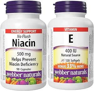 Webber Naturals Niacin 500 mg, 90 Capsules, No Flush, Vitamin B3 Supplement, Supports Energy Production and Metabolism & Vitamin E 400 IU, 120 Softgels, Natural Source of Vitamin E