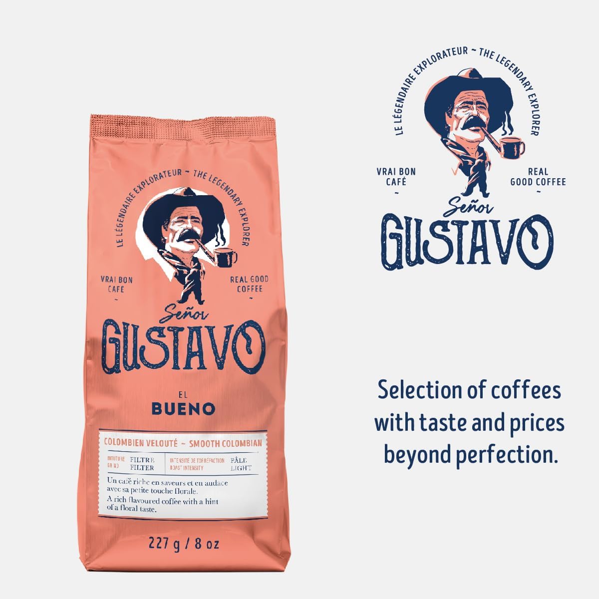 Café Senor Gustavo El Bueno 顺滑哥伦比亚轻度烘焙研磨咖啡，浓郁的咖啡，带有淡淡的花香，犹太洁食认证咖啡，产自中南美洲的咖啡豆 - （227 克）