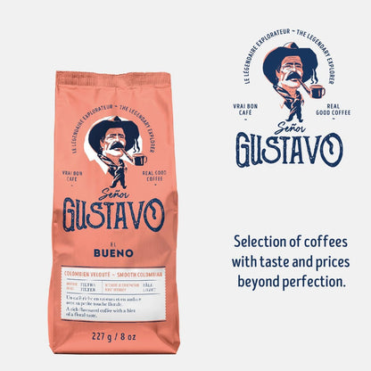 Café Senor Gustavo El Bueno 顺滑哥伦比亚轻度烘焙研磨咖啡，浓郁的咖啡，带有淡淡的花香，犹太洁食认证咖啡，产自中南美洲的咖啡豆 - （227 克）