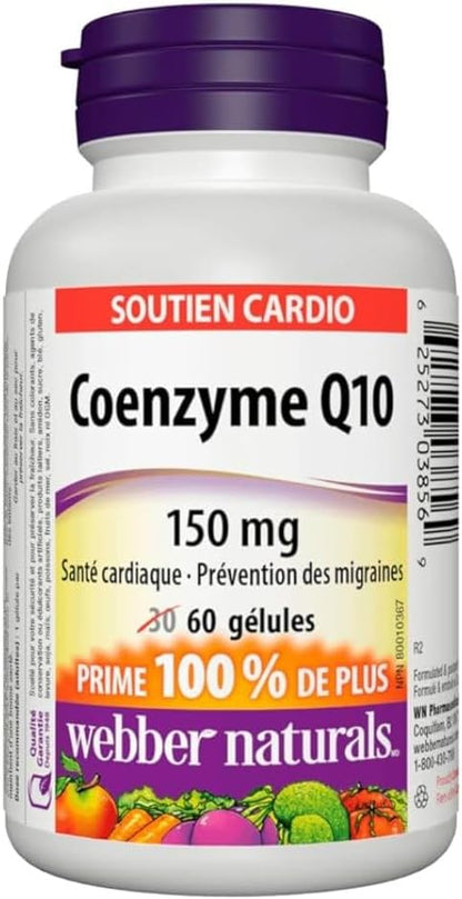 Webber Naturals 輔酶 Q10 (CoQ10) 150 毫克，60 粒軟膠囊，高效抗氧化劑，有益於心臟健康、促進細胞能量生成和緩解偏頭痛