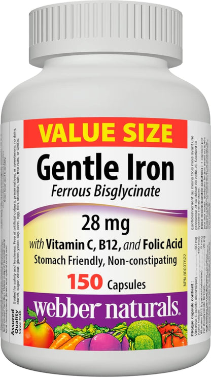 Webber Naturals 溫和補鐵劑，含維生素 C、B12 和葉酸，28 毫克，150 粒膠囊，對胃無害，不引起便秘，有助於預防缺鐵性貧血