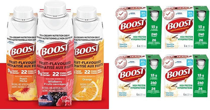 Boost 水果味饮料什锦装，237 毫升，24 支 & 高蛋白代餐饮料，香草味，237 毫升，6 支（4 支装）