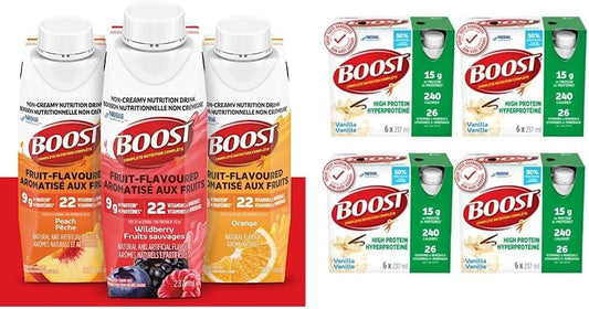 Boost Fruit Flavoured Drink Variety Pack, 237ml, 24 count & High Protein Meal Replacement Drink, Vanilla, 237 ml, 6 Counts (Pack Of 4)