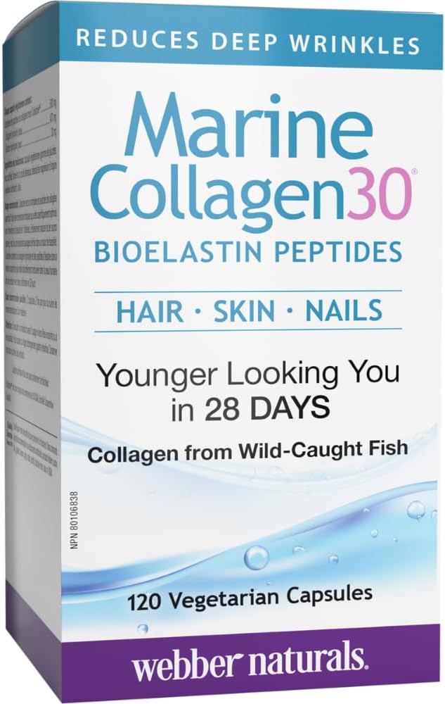 Webber Naturals Collagen30 海洋生物彈性蛋白勝肽，每粒含 500 毫克 Collactive 海洋膠原蛋白勝肽複合物，120 粒膠囊，有助於減少深層皺紋和關節疼痛