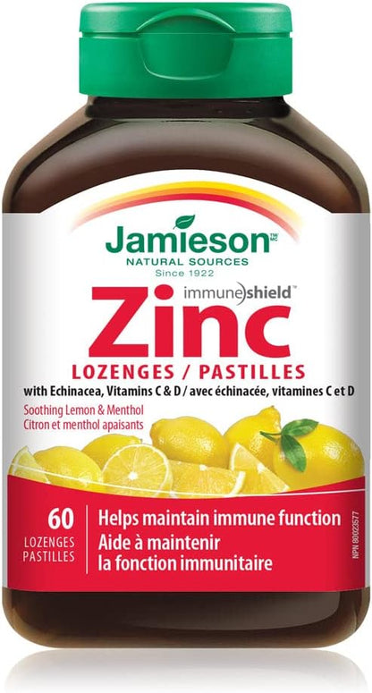 Jamieson 鋅潤喉糖，檸檬薄荷味，蘊含紫錐菊、維生素C和維生素D3，舒緩喉嚨痛，緩解感冒和流感症狀。不含麩質，不含人工色素、香精或防腐劑…