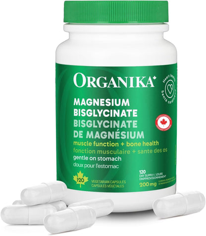 Organika 加拿大製造雙甘氨酸鎂 - 200 毫克，高吸收率，肌肉恢復，心臟支持，120 粒膠囊