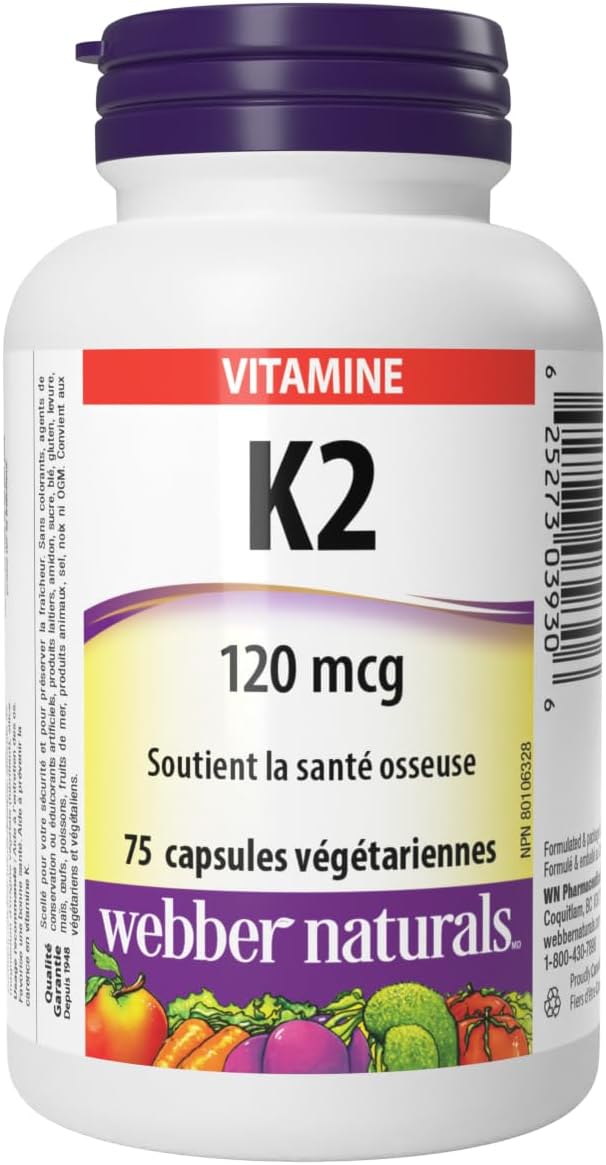 Webber Naturals 維生素 K2 120 微克，75 粒膠囊，MK-7 配方，有助於支持骨骼，純素 & 鎂 500 毫克，60 片，增強吸收礦物質，支持骨骼和肌肉功能，純素
