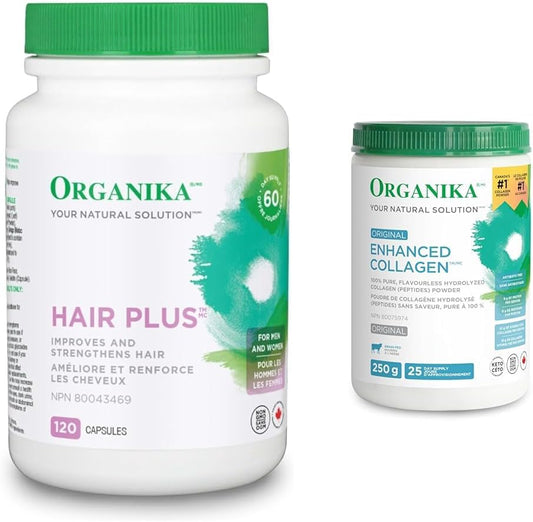 Organika Hair Plus 120 粒胶囊和增强型胶原蛋白肽蛋白粉，用于健康的头发、皮肤、指甲、关节 - 水解，吸收更好 - 非转基因 - 无味 250 克