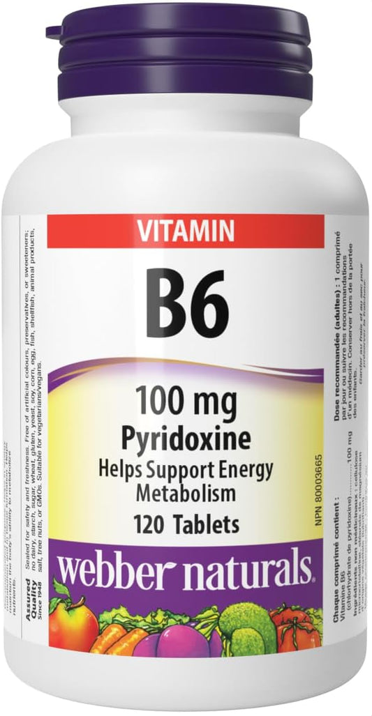 Webber Naturals Vitamin B6 Pyridoxine 100 mg, 120 Tablets, Supports Energy Metabolism, Vegan