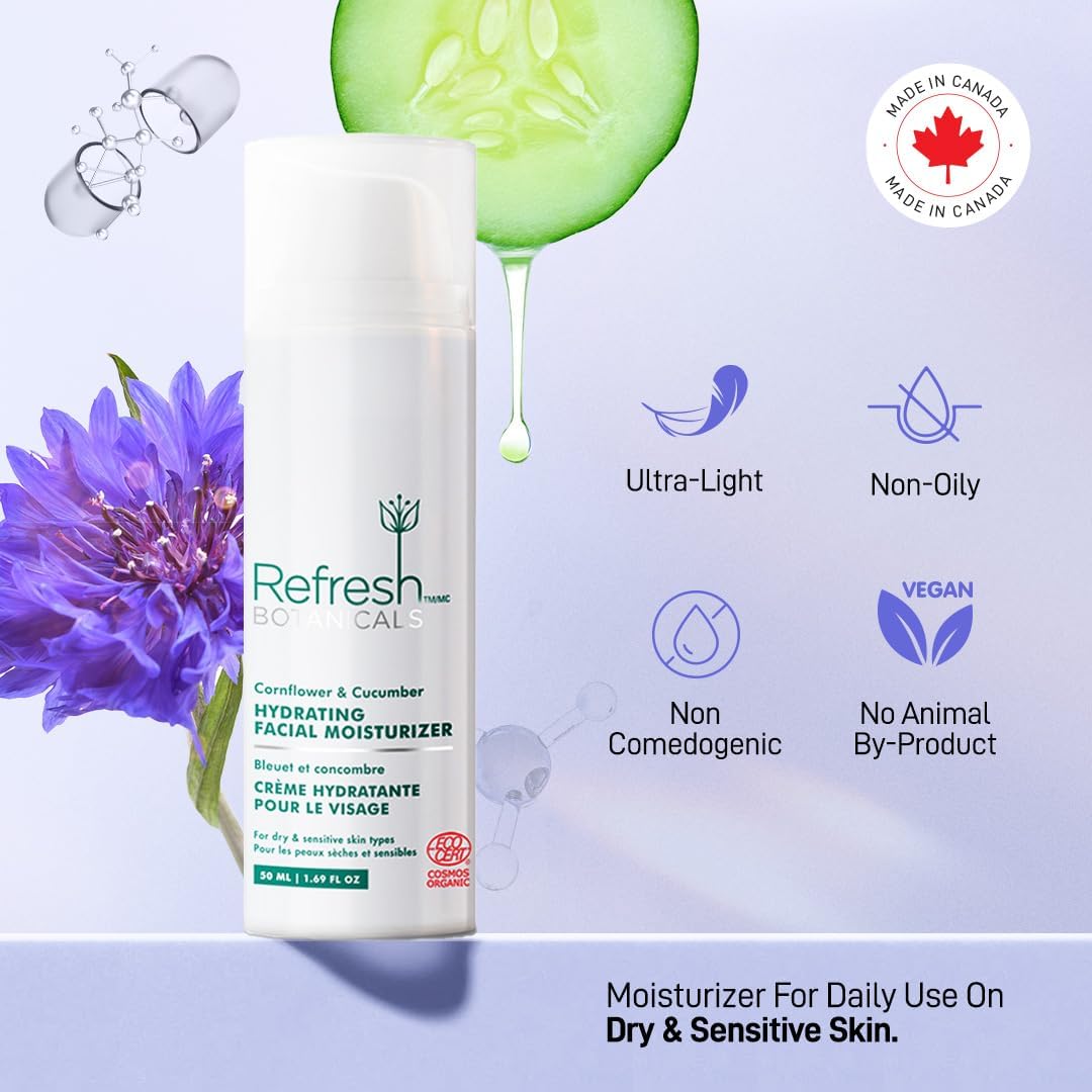 Refresh Botanicals Hydrating Facial Moisturiser | Certified Organic Face Cream for Dry & Sensitive Skin | Hypoallergenic, Vegan, Paraben free | Made in Canada | 50 ML