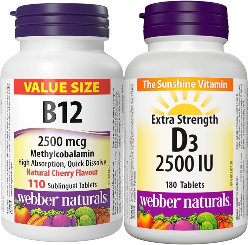 Webber Naturals 维生素 B12 2500 微克速溶片和维生素 D3 2500 国际单位强效片，180 片，有助于骨骼和牙齿健康，并有助于预防维生素 D 缺乏症