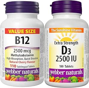 Webber Naturals 維生素 B12 2500 微克速溶片和維生素 D3 2500 國際單位強效片，180 片，有助於骨骼和牙齒健康，並有助於預防維生素 D 缺乏症