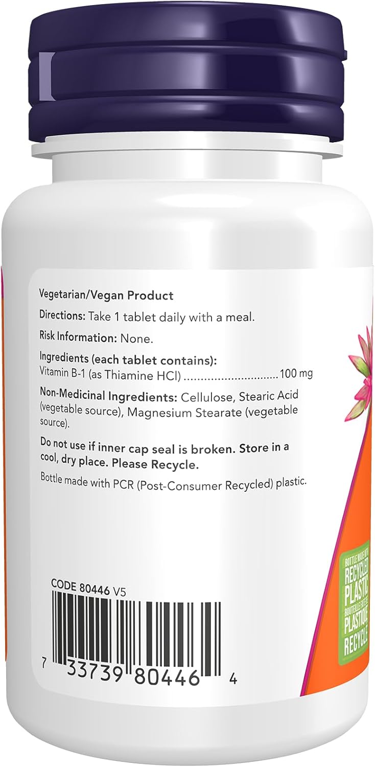 NOW Supplements, 维生素 B-1 100 毫克，促进能量生成，促进神经系统健康，100 片装