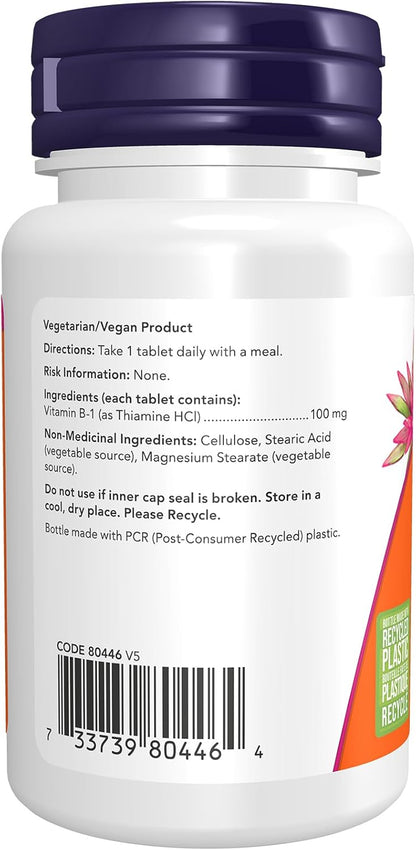NOW Supplements, 维生素 B-1 100 毫克，促进能量生成，促进神经系统健康，100 片装