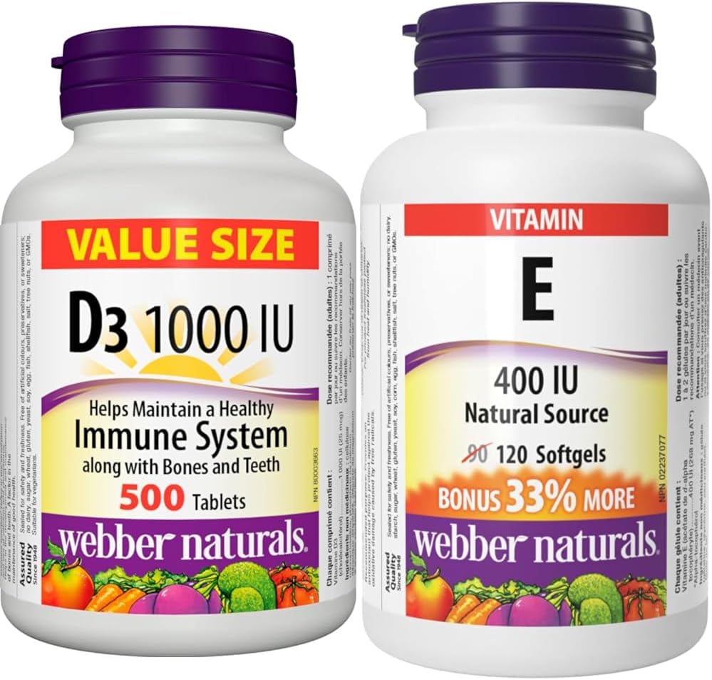 Webber Naturals 维生素 D3 1000 IU，500 片，有助于骨骼和牙齿健康，维持身体健康；维生素 E 400 IU，120 粒软胶囊，天然维生素 E 来源，具有抗氧化作用