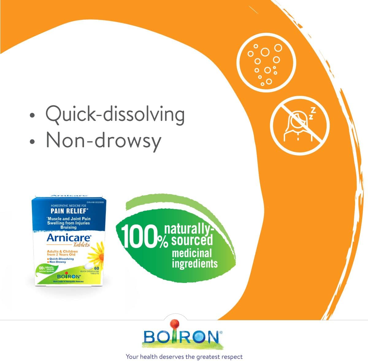 Boiron Arnicare 片剂，60 片，顺势疗法药物，用于缓解肌肉和关节疼痛、受伤肿胀、瘀伤和擦伤，来自天然来源的植物，包括山金车