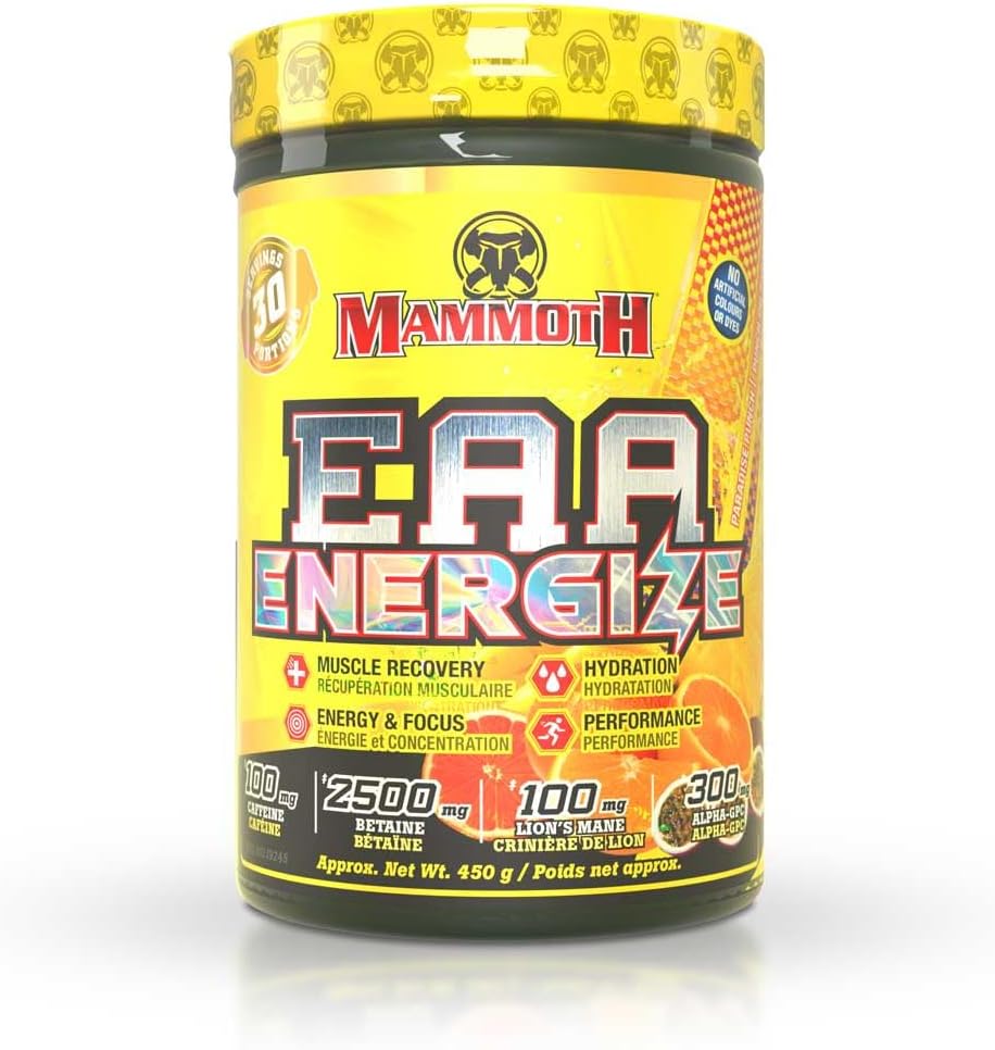 Mammoth EAA Energize – 8655毫克 EAA 和 6克 BCAA，能量與專注力氨基酸補充劑 – 甜菜鹼、咖啡因、B 群維生素、益智藥和電解質 – 肌肉恢復、補水和性能增強劑（30 份，天堂沖劑）