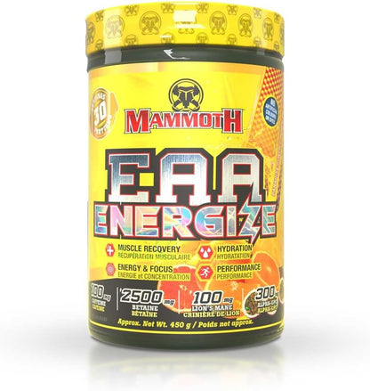 Mammoth EAA Energize – 8655毫克 EAA 和 6克 BCAA，能量與專注力氨基酸補充劑 – 甜菜鹼、咖啡因、B 群維生素、益智藥和電解質 – 肌肉恢復、補水和性能增強劑（30 份，天堂沖劑）