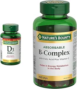 Nature's Bounty 維生素 D3 丸劑和補充劑，有助於支持免疫功能，1000 國際單位，500 粒軟膠囊和 B 群複合物（含葉酸和維生素 C），有助於代謝碳水化合物，100 粒軟膠囊