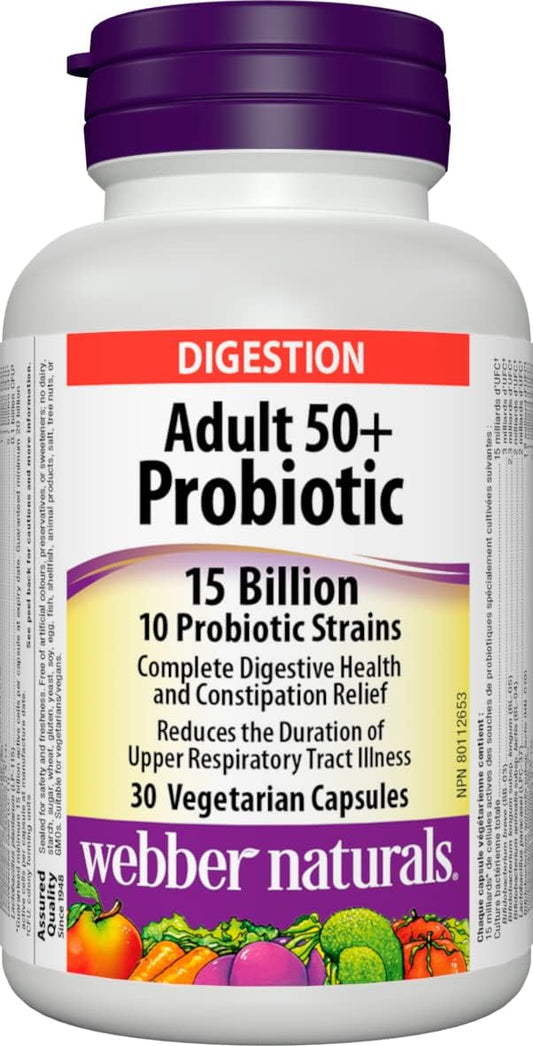 Webber Naturals Probiotic Adult 50+, 15 Billion Active Cells, 10 Probiotic Strains, 30 Capsules, For Digestive Health and Constipation Relief, Vegan & Coenzyme Q10 (CoQ10) 200mg