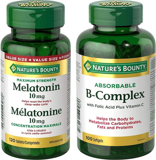 Nature's Bounty 褪黑激素 10 毫克 120 粒装，有助于重置身体的睡眠-觉醒周期和 B 族复合物（含叶酸和维生素 C），帮助代谢碳水化合物，100 粒软胶囊