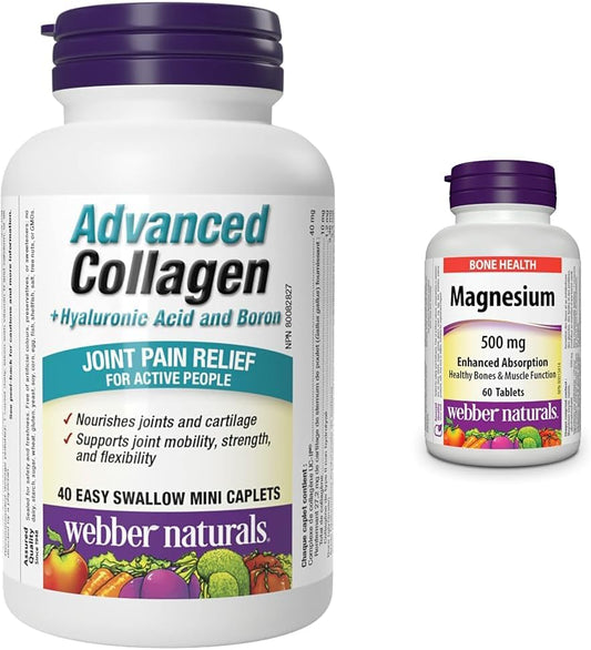 Webber Naturals 高級膠原蛋白，含透明質酸和硼，40 粒迷你膠囊和 500 毫克鎂，60 片，增強吸收礦物質，支持骨骼和肌肉功能，純素