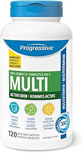 Progressive Advanced 活力男士每日複合維生素，含槲皮素、瑪卡、南非醉茄和西伯利亞人參。支持免疫健康、肌肉功能和能量，100% 完整配方，加拿大製造，120 粒裝