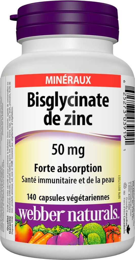 Webber Naturals Zinc Bisglycinate, 50 mg, 140 Capsules, High Absorption, Supports Healthy Skin and Immune Function, Stomach-Friendly, Vegan