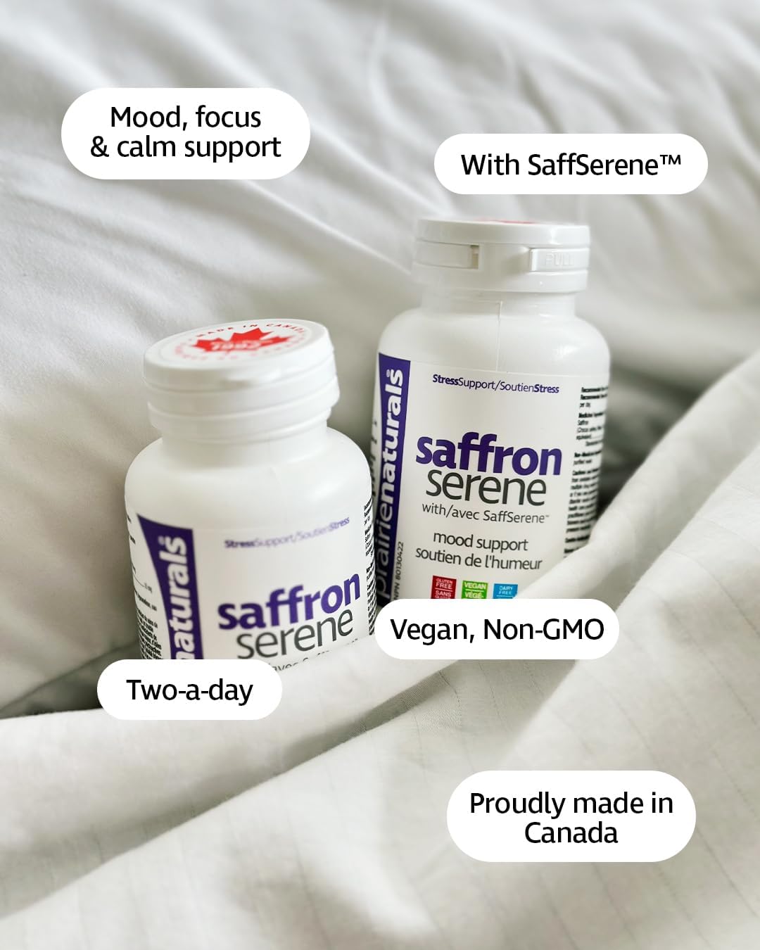 Prairie Naturals Saffron Serene 含 SaffSerene™，有助於改善情緒、集中註意力和保持平靜，溫和，純素，無麩質，非轉基因，加拿大製造，60 粒 v 膠囊