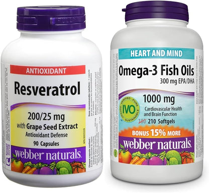 Webber Naturals 白藜芦醇与葡萄籽提取物胶囊，200/25毫克和欧米伽-3鱼油1000毫克，210粒软胶囊，支持心血管健康和大脑功能