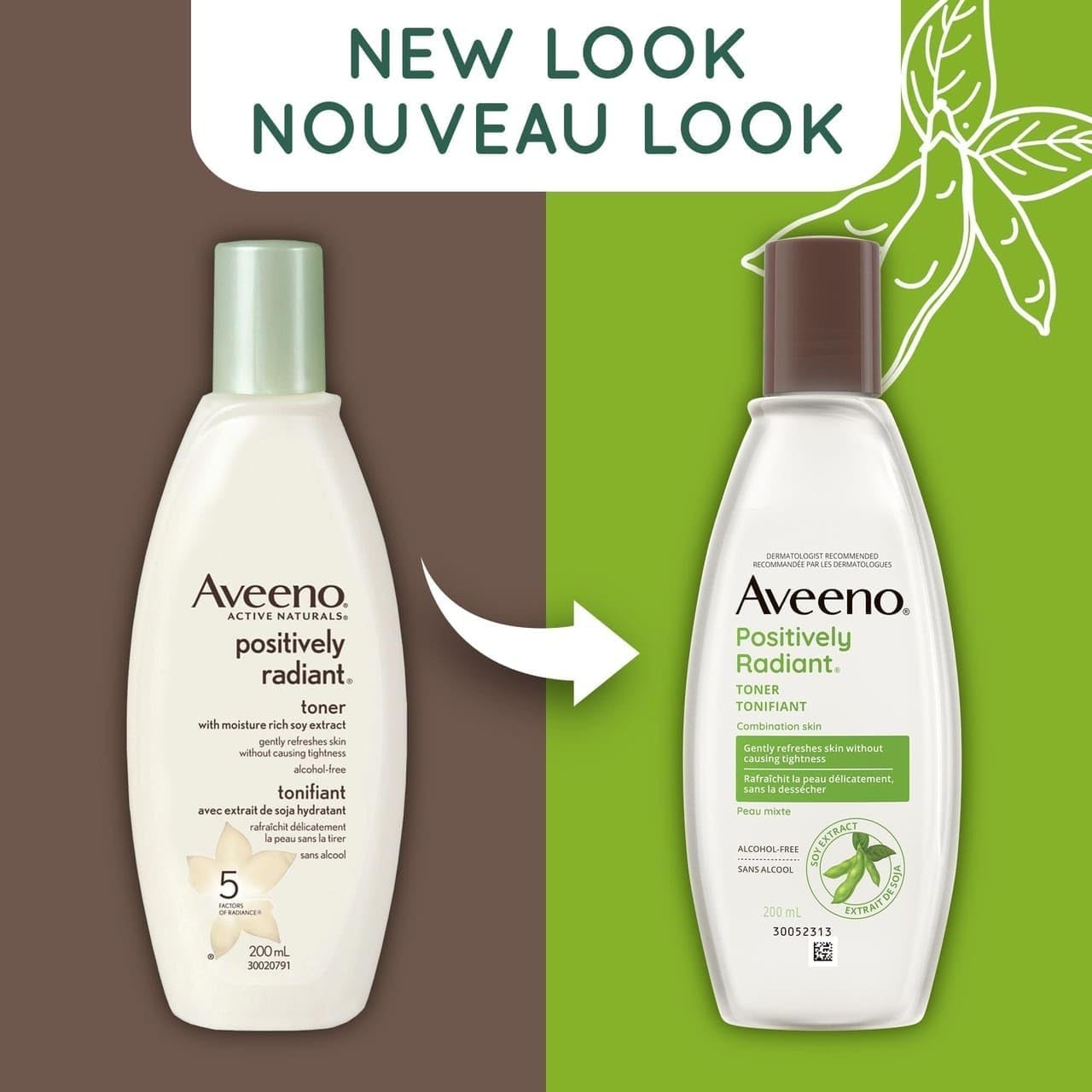 Aveeno Positively Radiant 每日保湿霜 SPF30，68 毫升（包装可能有所不同）和含大豆提取物的净肤爽肤水，不含酒精 - 6.7 液体盎司