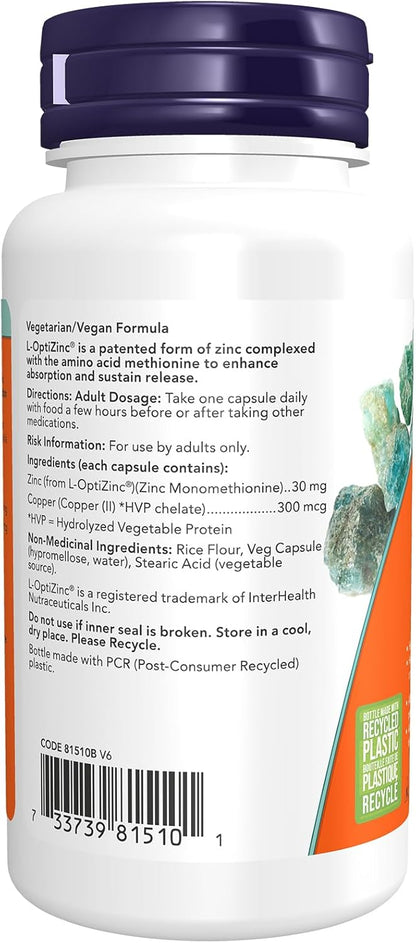 NOW Supplements, L-OptiZinc 30 毫克，含銅，高生物利用度形式，免疫支持*，100 粒素食膠囊