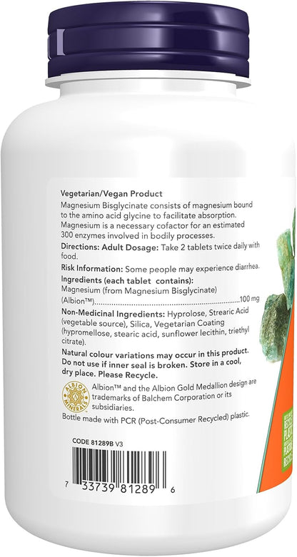 NOW Supplements, 甘胺酸鎂 100 毫克，高吸收形式，180 片裝