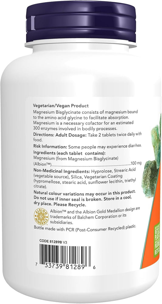 NOW Supplements, 甘胺酸鎂 100 毫克，高吸收形式，180 片裝