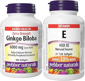 Webber Naturals Ginkgo Biloba 6000 mg, 180 Softgels, Helps Enhance Cognitive Function and Memory & Vitamin E 400 IU, 120 Softgels, Natural Source of Vitamin E, Antioxidant Support