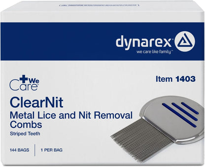 Dynarex WeCare ClearNit 金属除虱除虱梳带手柄 - 适用于所有发质的除虱梳，不锈钢超细齿 - 每盒 144 支