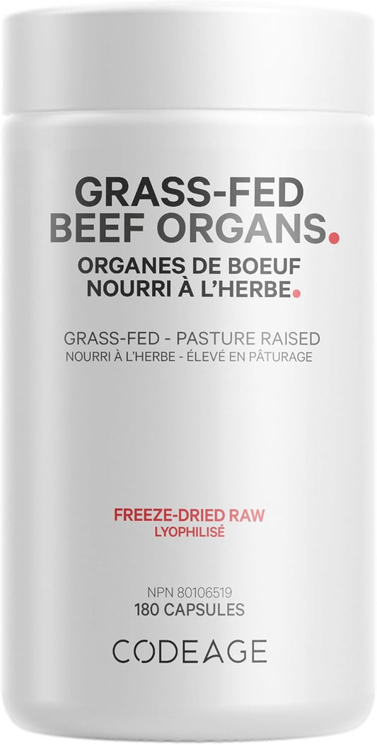 Codeage Grass Fed Beef Organs Supplement – Glandular Supplements - Freeze Dried, Non-Defatted, Desiccated Liver, Heart, Kidney, Pancreas & Spleen Bovine Pills – Beef Vitamins - Non-GMO -180 Capsules