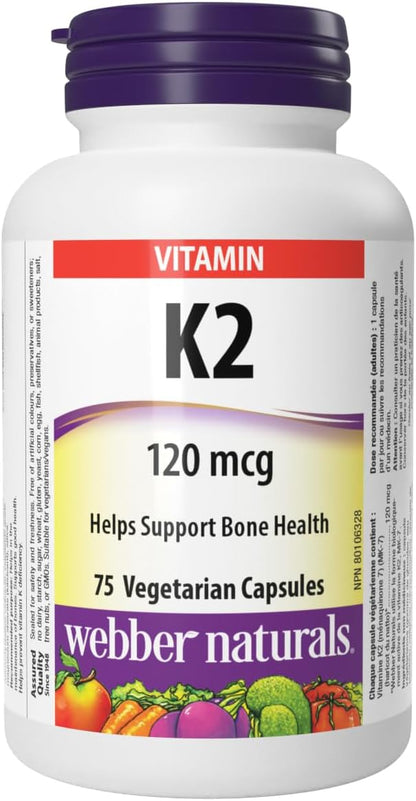 Webber Naturals 維生素 K2 120 微克，75 粒膠囊，MK-7 配方，有助於支持骨骼，純素 & 鎂 500 毫克，60 片，增強吸收礦物質，支持骨骼和肌肉功能，純素