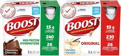 BOOST 15g 蛋白质代餐饮料，巧克力味，6x237ml，每箱 4 瓶，包装可能有所不同 & 原味代餐饮料，香草味，6x237ml，每箱 4 瓶，包装可能有所不同