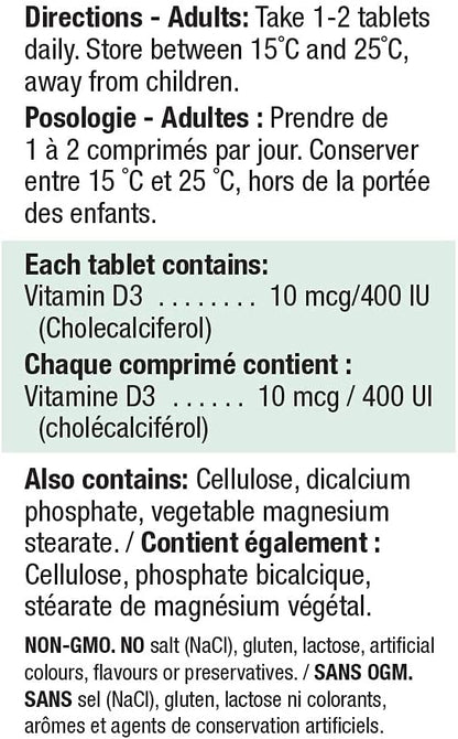 Jamieson 維生素 D3 400 國際單位片，支持免疫健康，強健骨骼和牙齒，增強鈣和磷的吸收。素食，非基因改造，無麩質，每日一片，90 片，加拿大製造