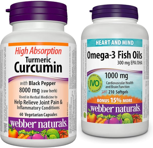 Webber Naturals 姜黄素与黑胡椒高吸收率和 Omega-3 鱼油 1,000 毫克，210 粒软胶囊，支持心血管健康和大脑功能