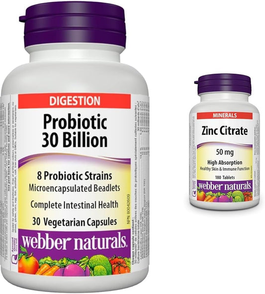 Webber Naturals Probiotic 30 Billion Active Cells, 8 Probiotic Strains, 30 Capsules, For Digestive Health, Vegetarian & Zinc Citrate 50 mg, 180 Tablets, For Healthy Skin and Immune Support, Vegan