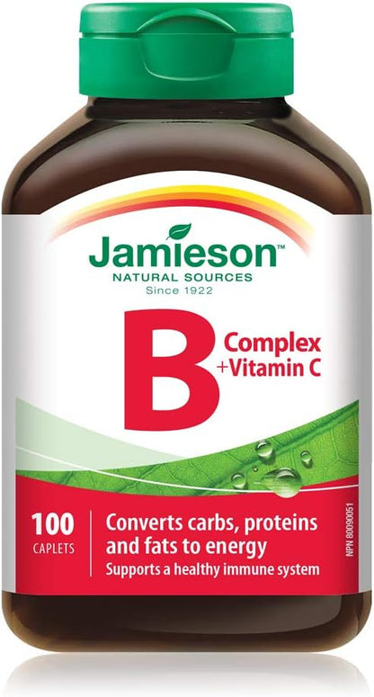 Jamieson 維生素B複合物和維生素C 500毫克，含葉酸，有益細胞健康，支持能量生成、新陳代謝和免疫健康。素食，無麩質，100粒膠囊，加拿大製造