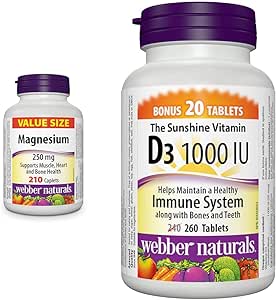 Webber Naturals Magnesium 250 mg, 210 Caplets, Supports Bone and Muscle Functions, Vegan & Vitamin D3 1000 IU, 260 Tablets, For Healthy Bones, Teeth, and the Maintenance of Good Health