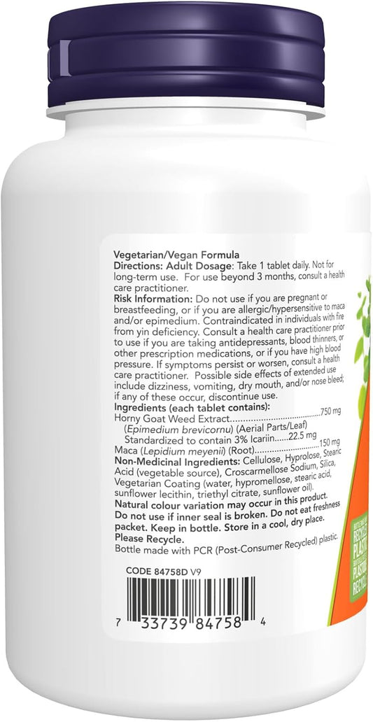 NOW Supplements, Horny Goat Weed Extract 750 mg Plus 150 mg of Maca Root, Tonifying Herb*, 90 Tablets