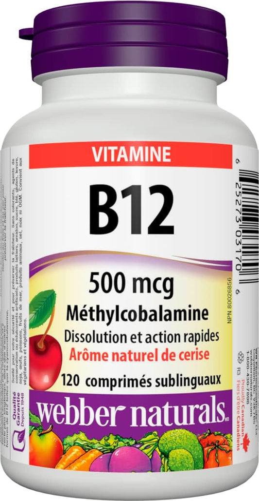 Webber Naturals Vitamin B12 500 mcg, Quick Dissolve, 120 Tablets, Natural Cherry Flavour, Supports Energy Production and Metabolism