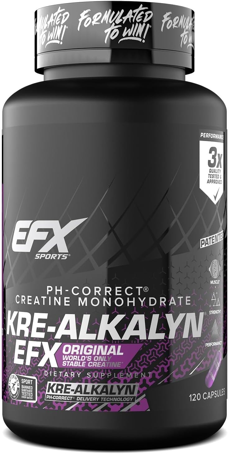 EFX Sports Kre-Alkalyn | PH 值校正肌酸一水合物 | 知情選擇，增強力量，鍛鍊肌肉，提升運動表現 I 不腹脹，不積水 - 120 粒膠囊/60 份